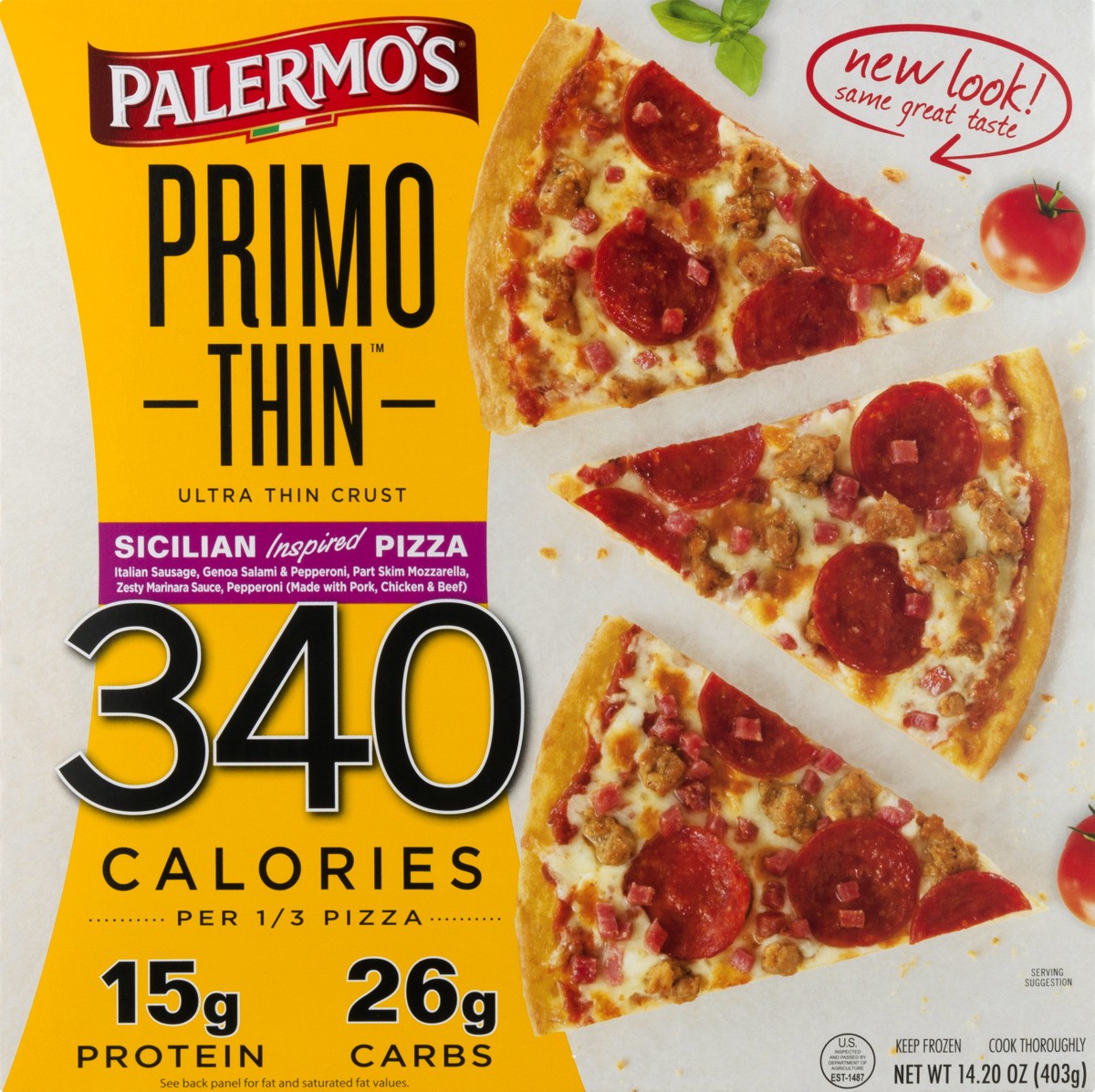 slide 6 of 11, Palermo's Primo Thin Ultra Thin Crust Three Meat Pizza Pizza 14.20 oz, 14.2 oz