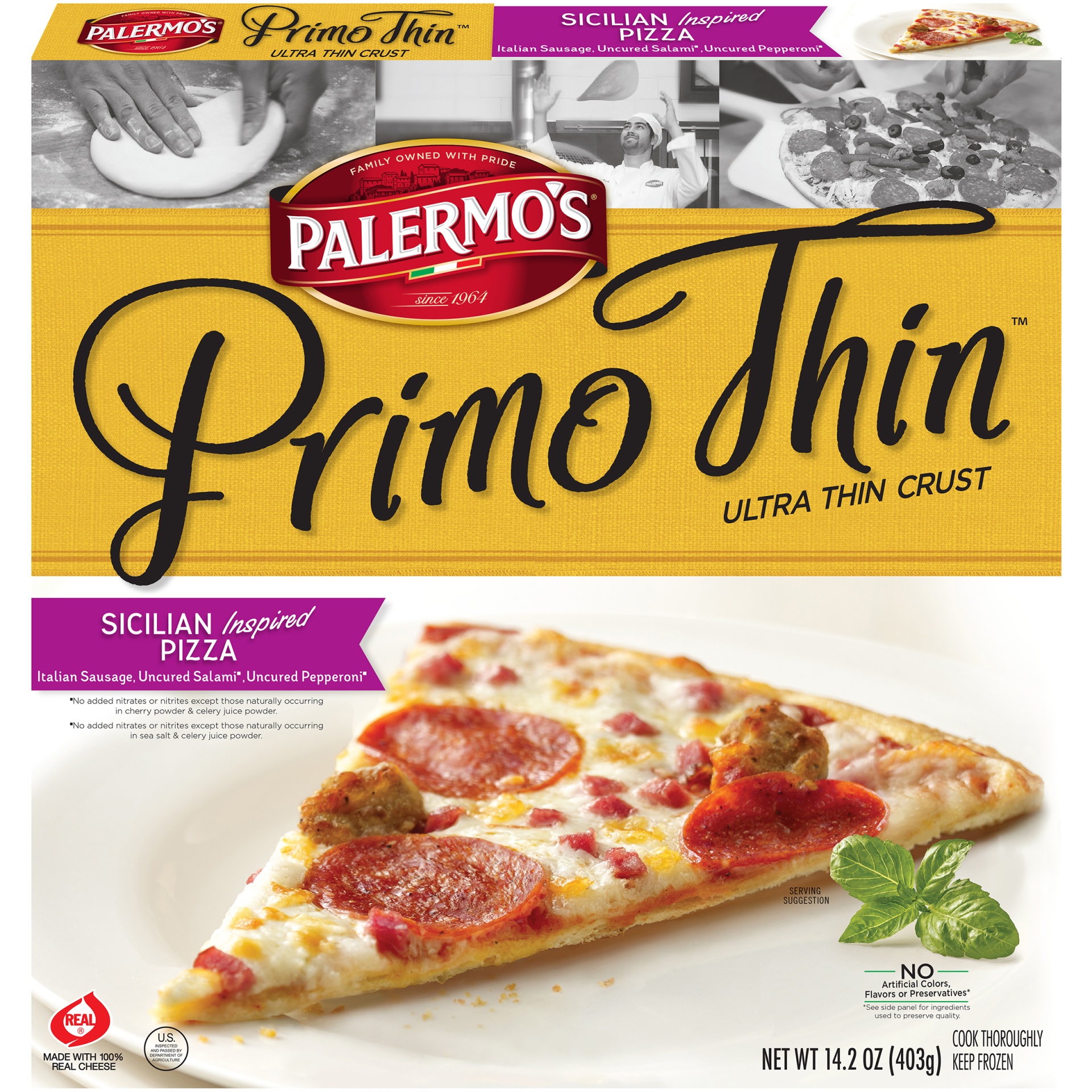 slide 1 of 6, Palermo's Primo Thin Ultra Thin Crust Sicilian Inspired Pizza, 14.2 oz