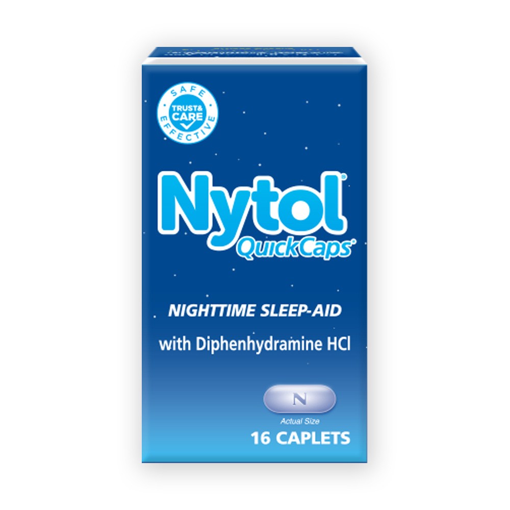 slide 1 of 1, Nytol Nighttime Sleep Aid Quick Caps with Diphenhydramine HCl 25 mg | 16 Caplets, 16 ct