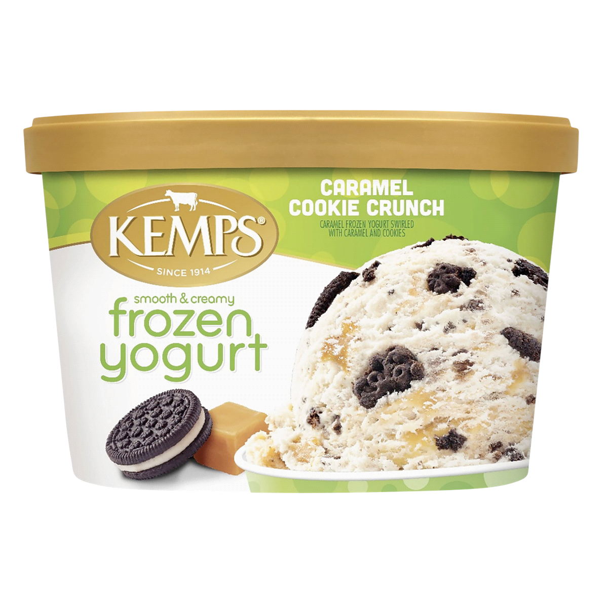 slide 1 of 2, Kemps Frozen Yogurt, Smooth & Creamy, Caramel Cookie Crunch, 1.5 qt