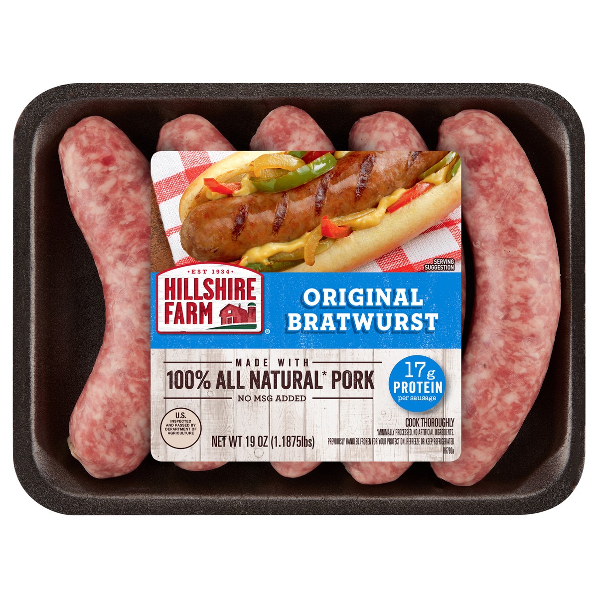 slide 5 of 7, Hillshire Farm All Natural* Original Bratwurst Pork Sausages, 5 Count, 19 oz. (Fresh), 1.19 lb