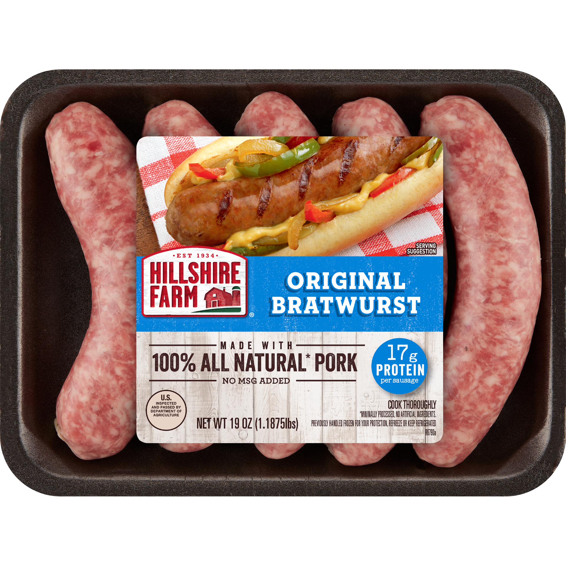 slide 1 of 7, Hillshire Farm All Natural* Original Bratwurst Pork Sausages, 5 Count, 19 oz. (Fresh), 1.19 lb