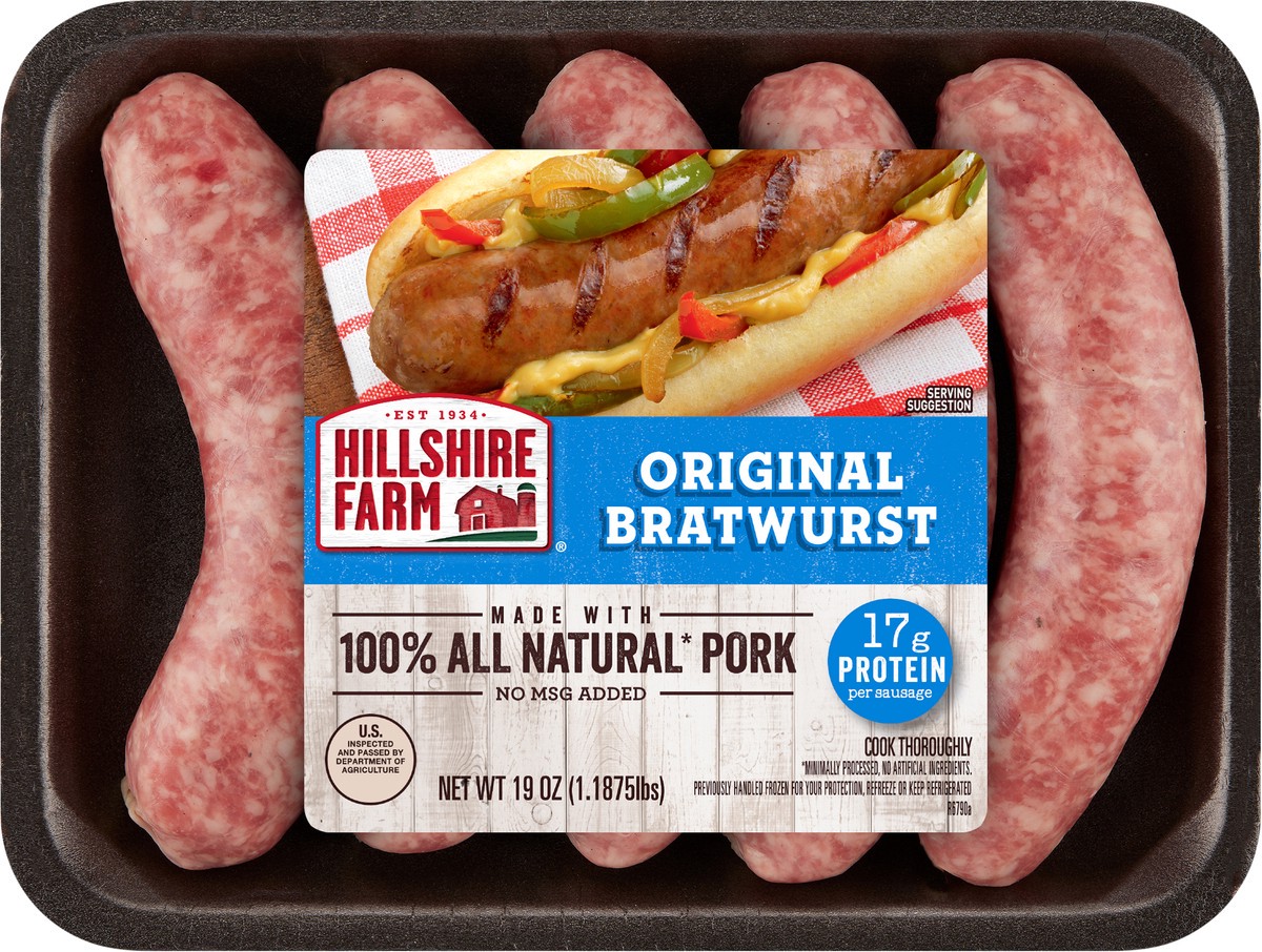 slide 6 of 7, Hillshire Farm All Natural* Original Bratwurst Pork Sausages, 5 Count, 19 oz. (Fresh), 1.19 lb