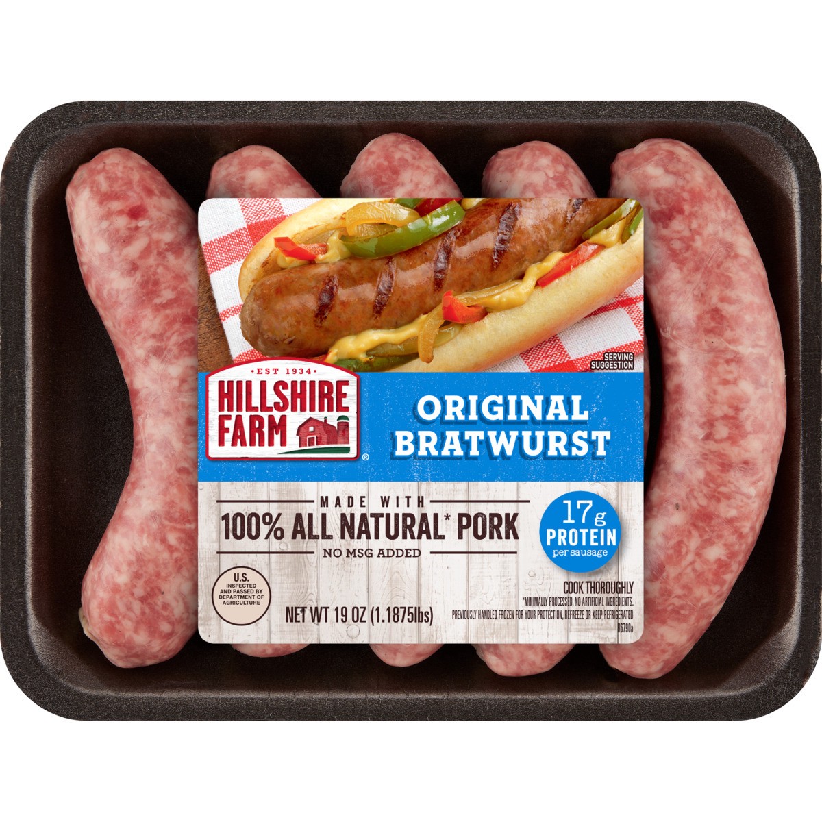 slide 2 of 7, Hillshire Farm All Natural* Original Bratwurst Pork Sausages, 5 Count, 19 oz. (Fresh), 1.19 lb