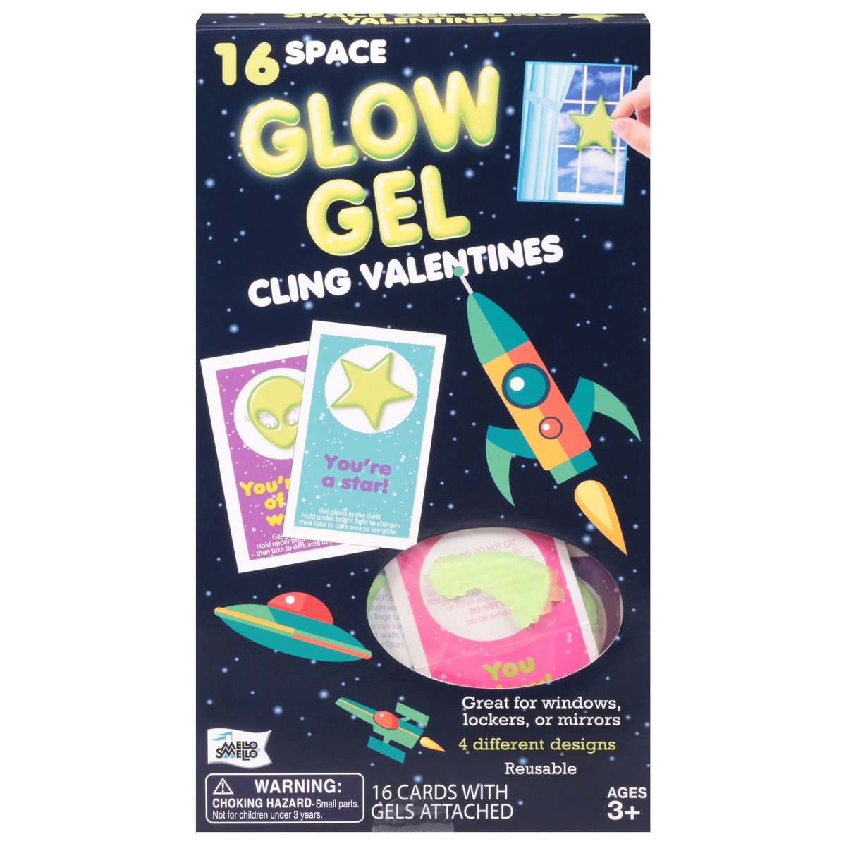 slide 1 of 1, Mello Smello Glow Gel Space Cling Valentines, 16 ct