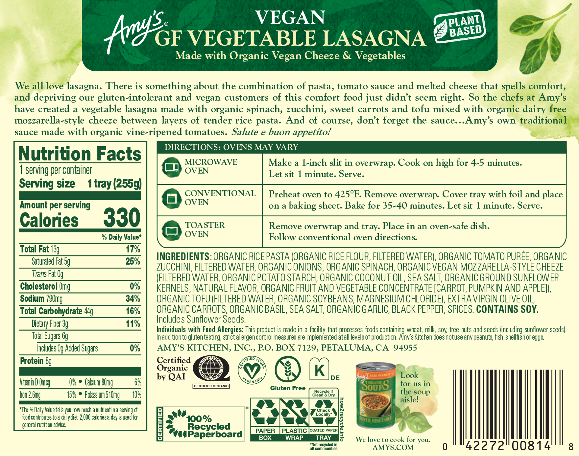 slide 7 of 7, Amy's Gluten Free Dairy Free Vegetable Lasagna, 9 oz