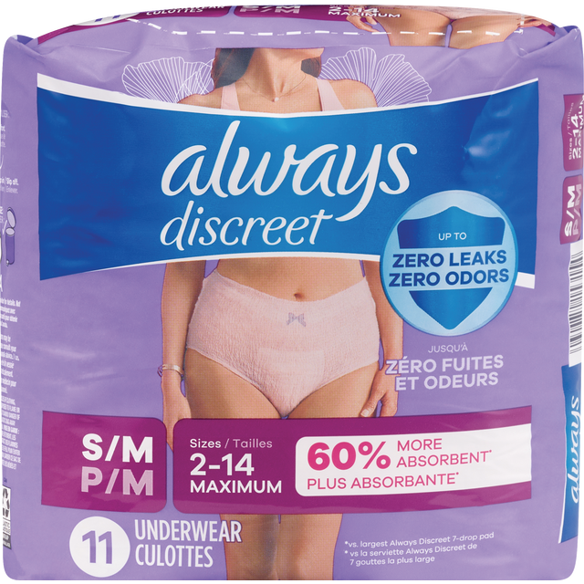 slide 1 of 1, Always Discreet Adult Incontinence Underwear, Women, S/M, 11Ct, 11 ct