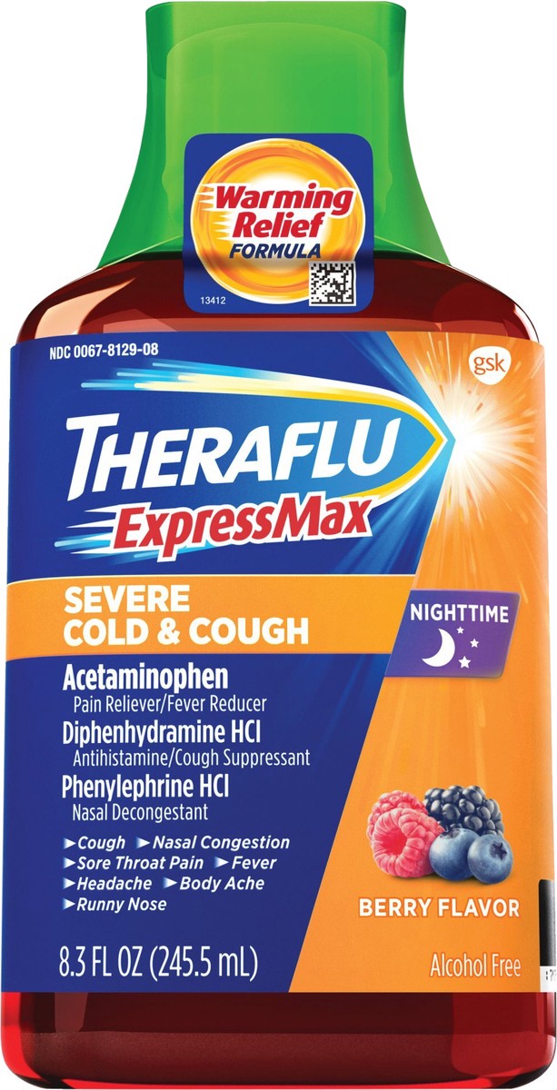 slide 5 of 7, Theraflu ExpressMax Nighttime Severe Cold & Cough Liquid Berry, 8.3 fl oz