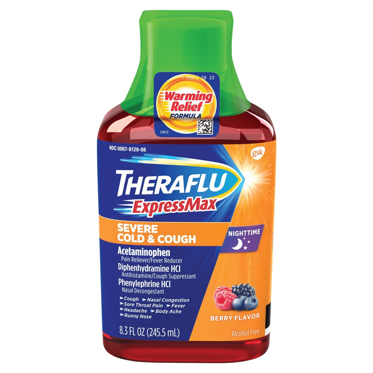 slide 1 of 7, Theraflu ExpressMax Nighttime Severe Cold & Cough Liquid Berry, 8.3 fl oz