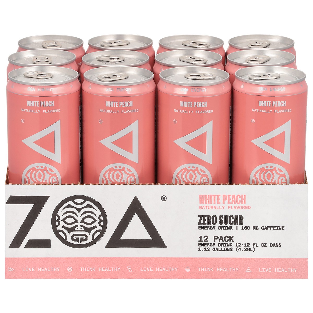 slide 1 of 1, ZOA Zero Sugar White Peach Energy Drink 12 Pack 12 - 12 fl oz Cans, 12 ct