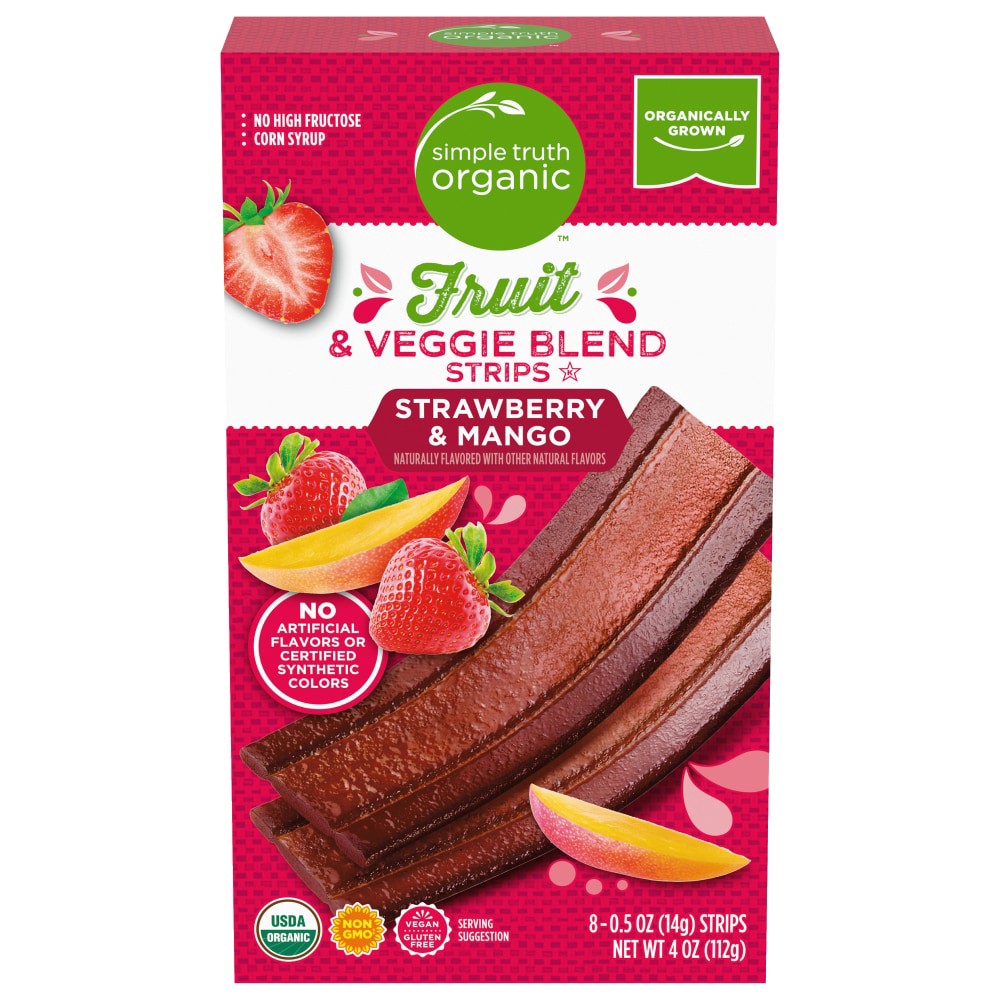 slide 1 of 4, Simple Truth Organic Strawberry & Mango Strips, 8 ct; 0.5 oz