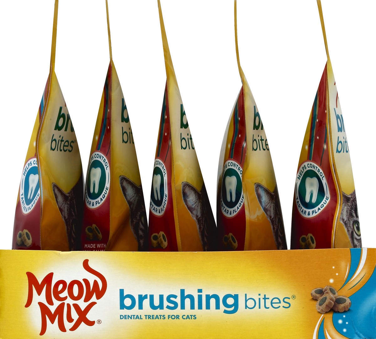 slide 3 of 6, Meow Mix Brushing Bites with Real Salmon Cat Treats, 4.75 oz