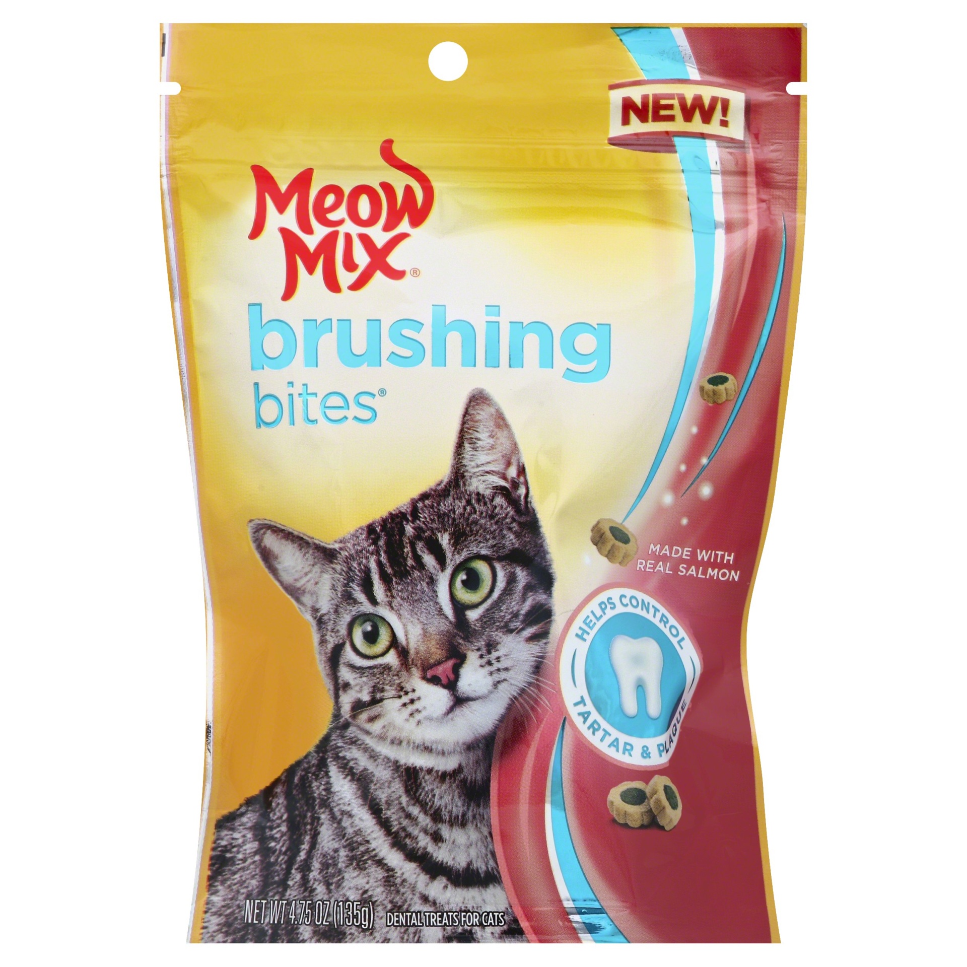 slide 1 of 6, Meow Mix Brushing Bites with Real Salmon Cat Treats, 4.75 oz