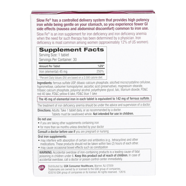 slide 9 of 13, Slow Fe Tablets Slow Release Iron Supplement 30 ea, 30 ct