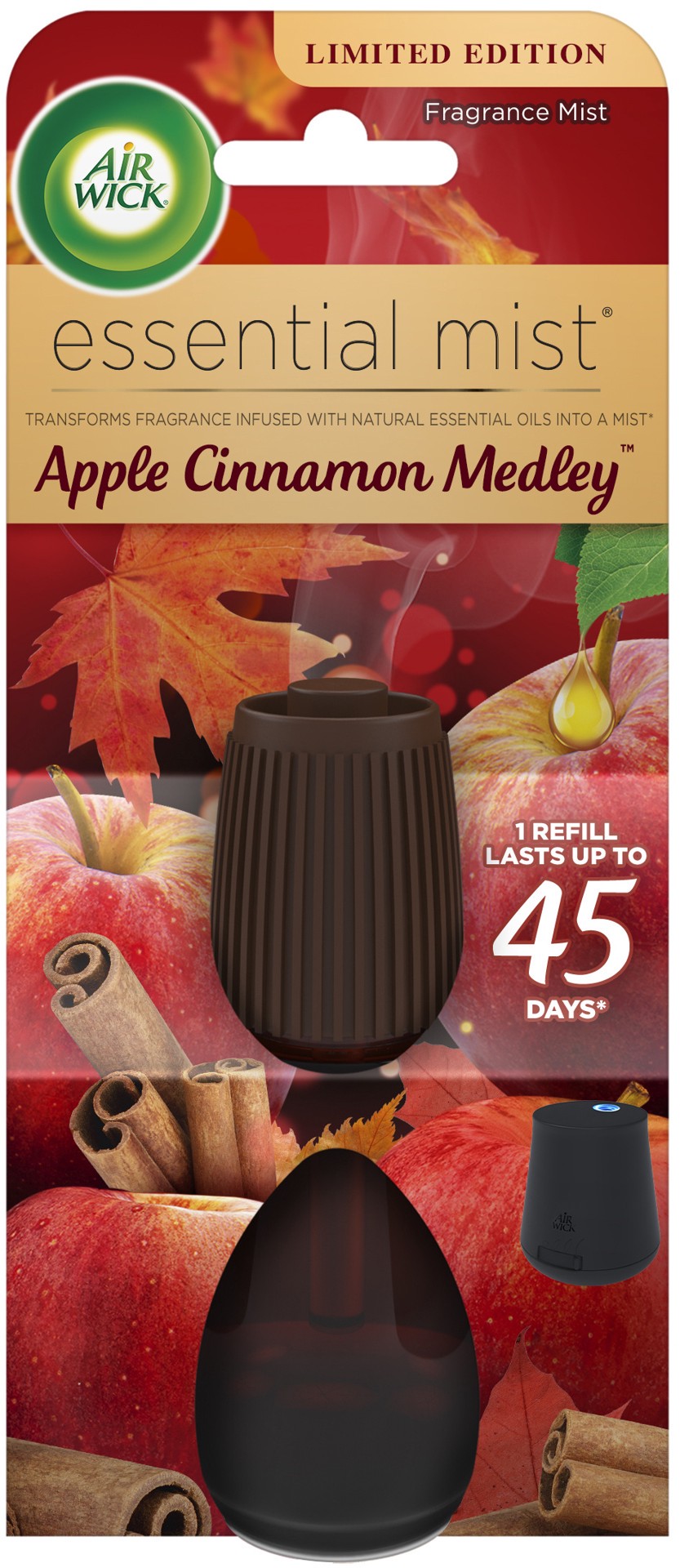 slide 1 of 9, Air Wick Essential Mist Refill, 1 ct, Apple Cinnamon, Essential Oils Diffuser, Air Freshener, Fall scent, Fall décor, 0.67 fl oz