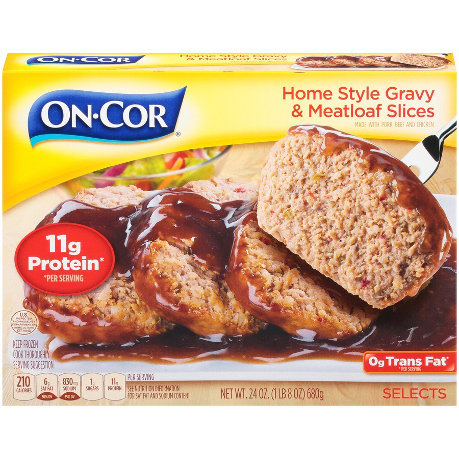 slide 1 of 8, On-Cor Selects Meatloaf Slices & Home Style Gravy, 24 oz