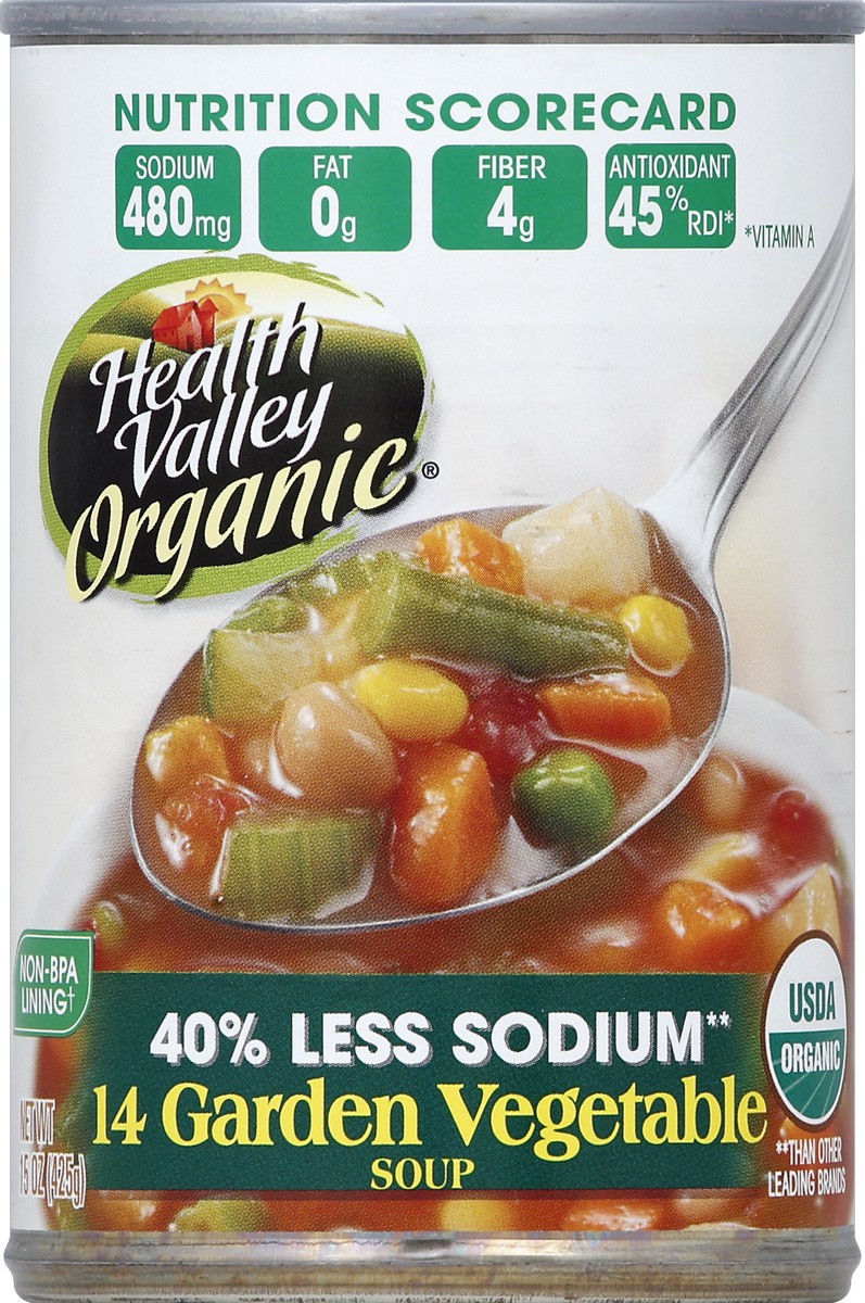 slide 5 of 6, Health Valley Soup, 40% Less Sodium, 14 Garden Vegetable, 15 oz