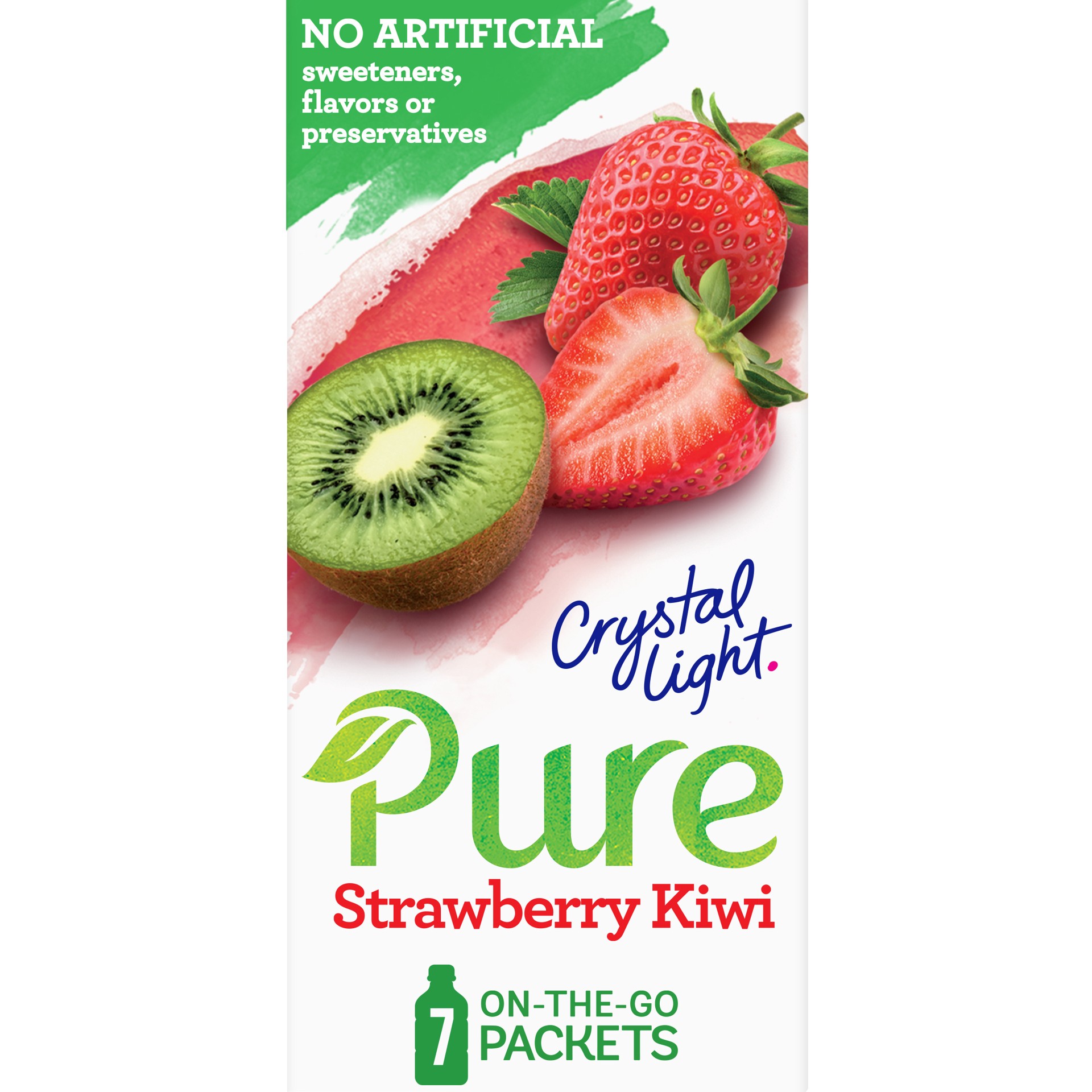 slide 1 of 9, Crystal Light Pure Strawberry Kiwi Naturally Flavored Powdered Drink Mix with No Artificial Sweeteners, 7 ct On-the-Go Packets, 7 ct