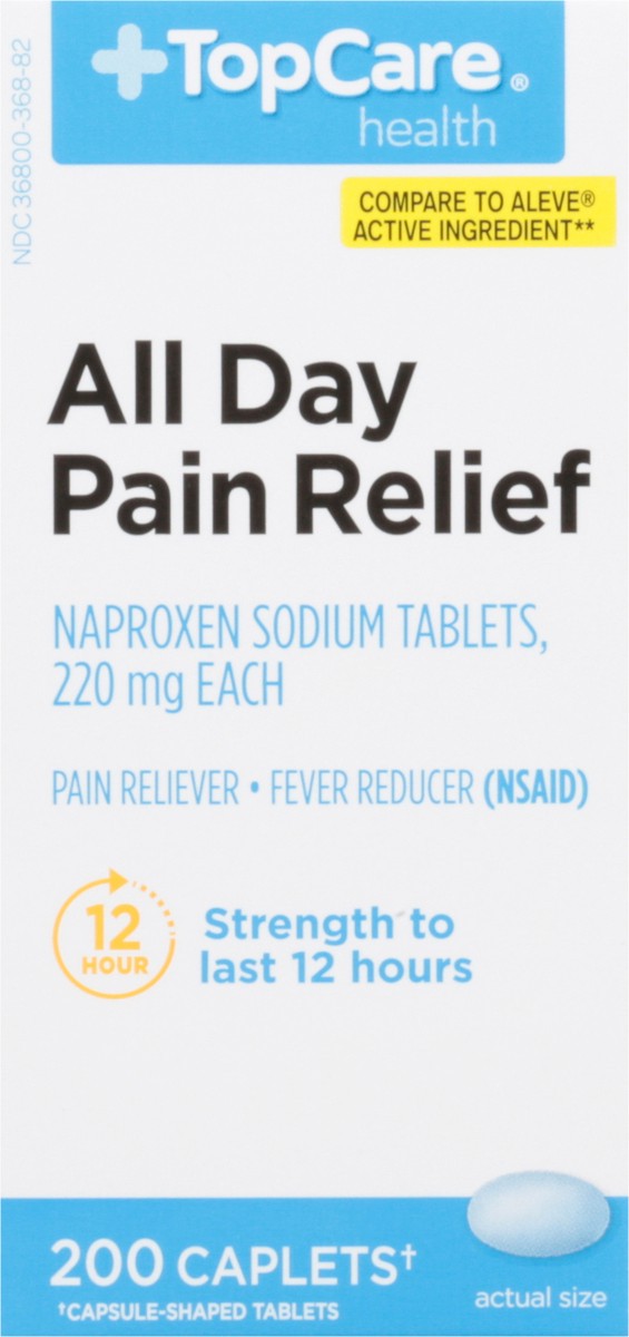 slide 1 of 9, TopCare Health Caplets 220 mg All Day Pain Relief 200 ea, 200 ct