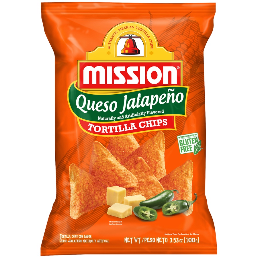 slide 1 of 4, Mission Queso Jalapeno Tortilla Chips, 3.53 oz