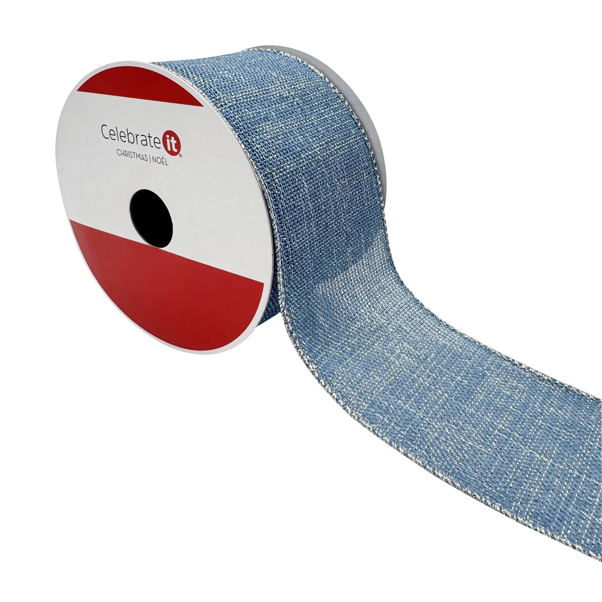 slide 3 of 3, 2.5" X 20ft. Light Blue & Silver Wired Faux Linen Ribbon By Celebrate It, 2.5 in x 20 ft