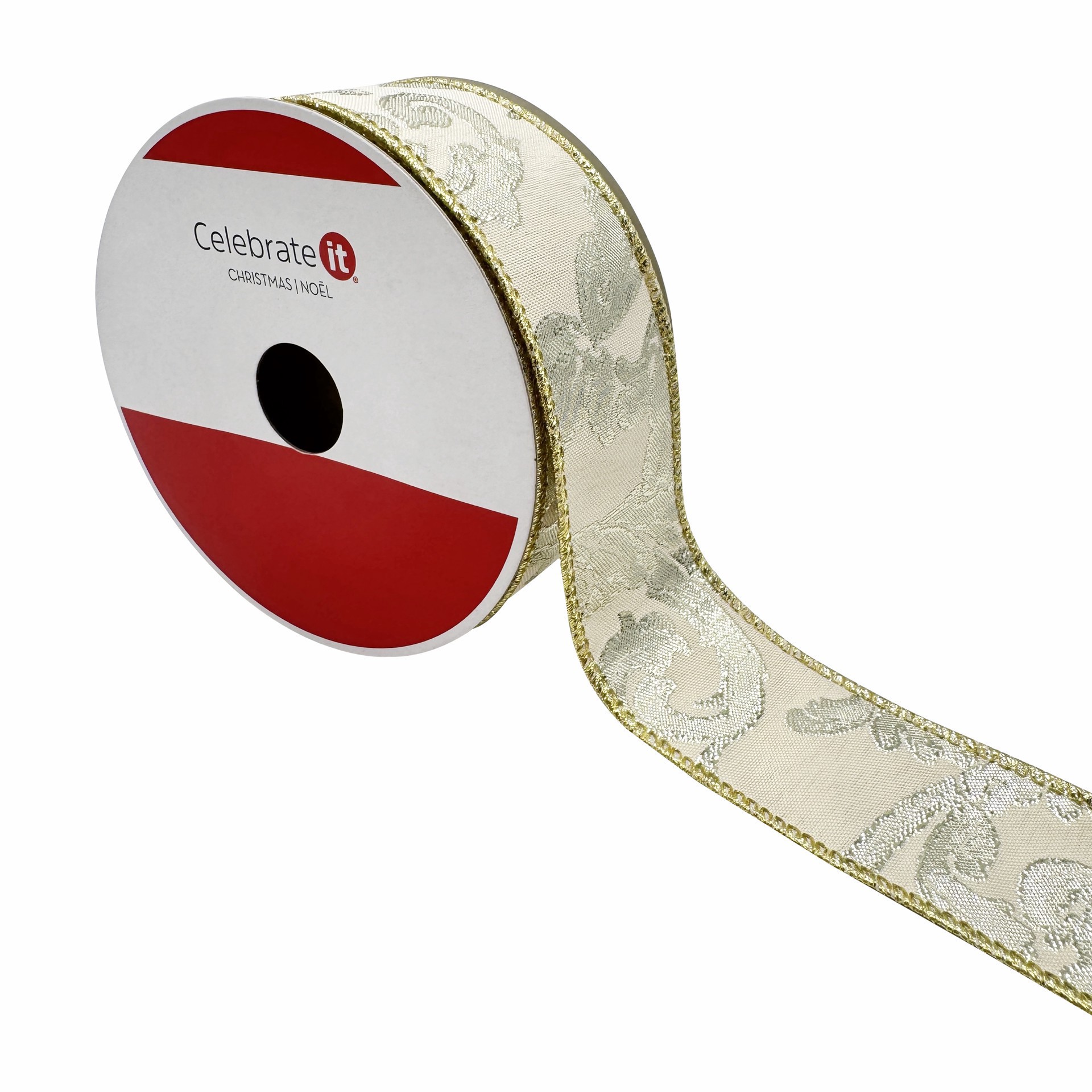 slide 2 of 3, 1.5" X 30ft. Cream & Silver Jacquard Scroll Wired Ribbon By Celebrate It, 1.5 in x 30 ft