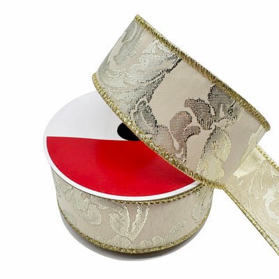 slide 1 of 3, 1.5" X 30ft. Cream & Silver Jacquard Scroll Wired Ribbon By Celebrate It, 1.5 in x 30 ft