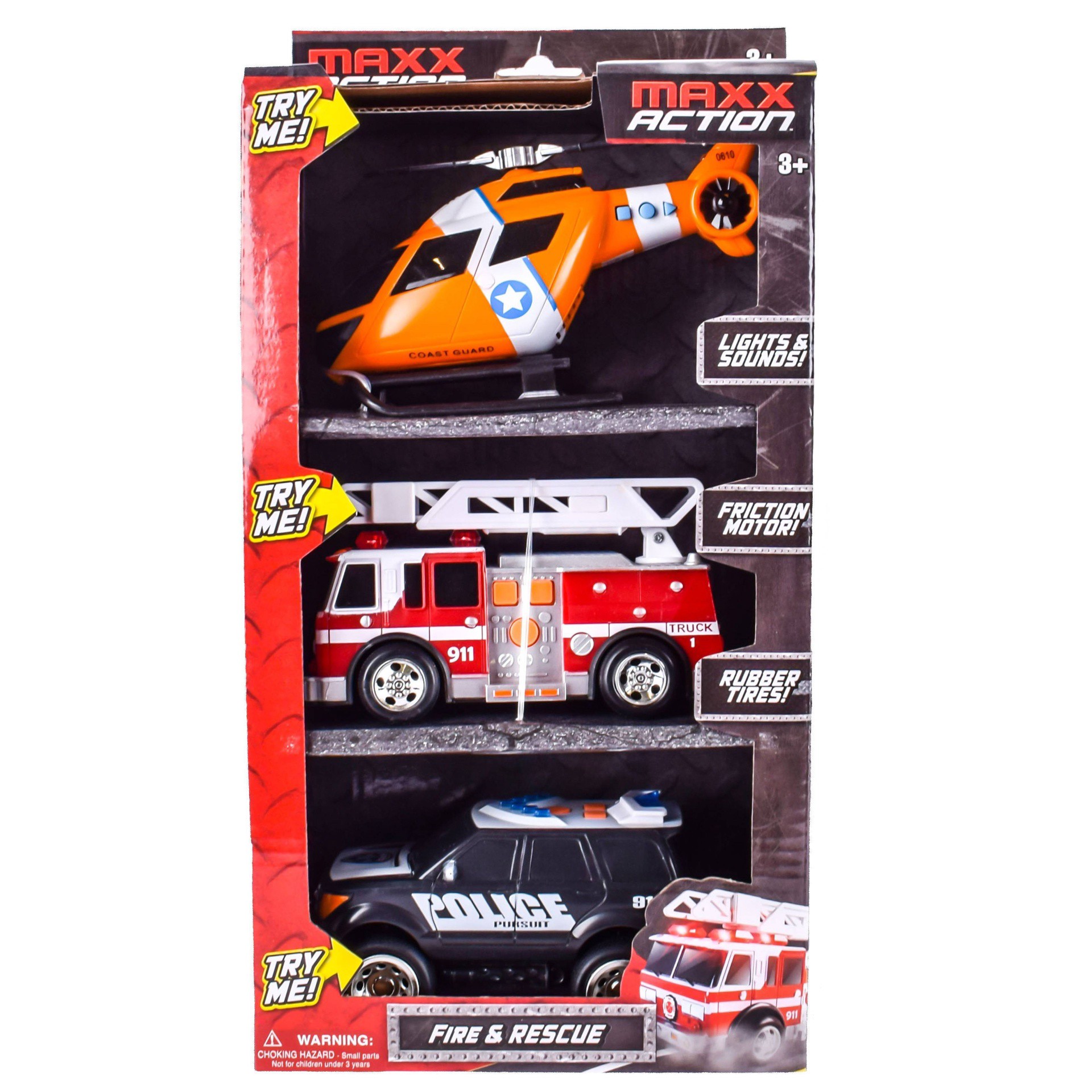 slide 1 of 7, Maxx Action Mini Rescue Lights & Sounds Vehicles - Firetruck, Police Car and Helicopter - 3pk, 3 ct