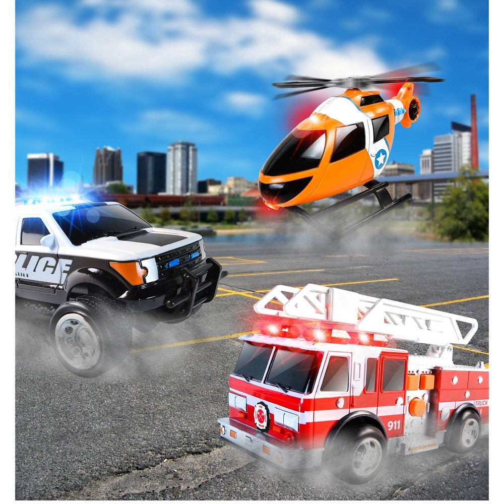 slide 6 of 7, Maxx Action Mini Rescue Lights & Sounds Vehicles - Firetruck, Police Car and Helicopter - 3pk, 3 ct