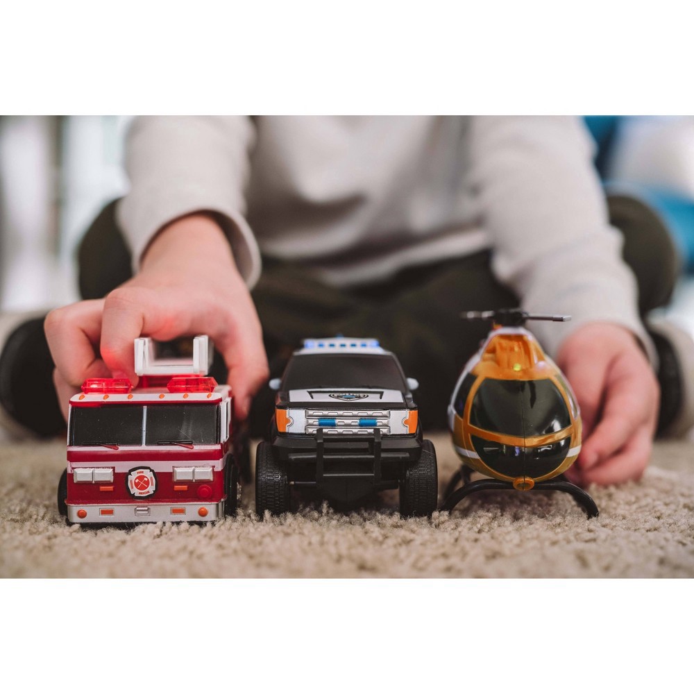 slide 5 of 7, Maxx Action Mini Rescue Lights & Sounds Vehicles - Firetruck, Police Car and Helicopter - 3pk, 3 ct