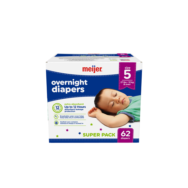 Meijer Overnight Diapers Size 5, Big Pack 62 ct