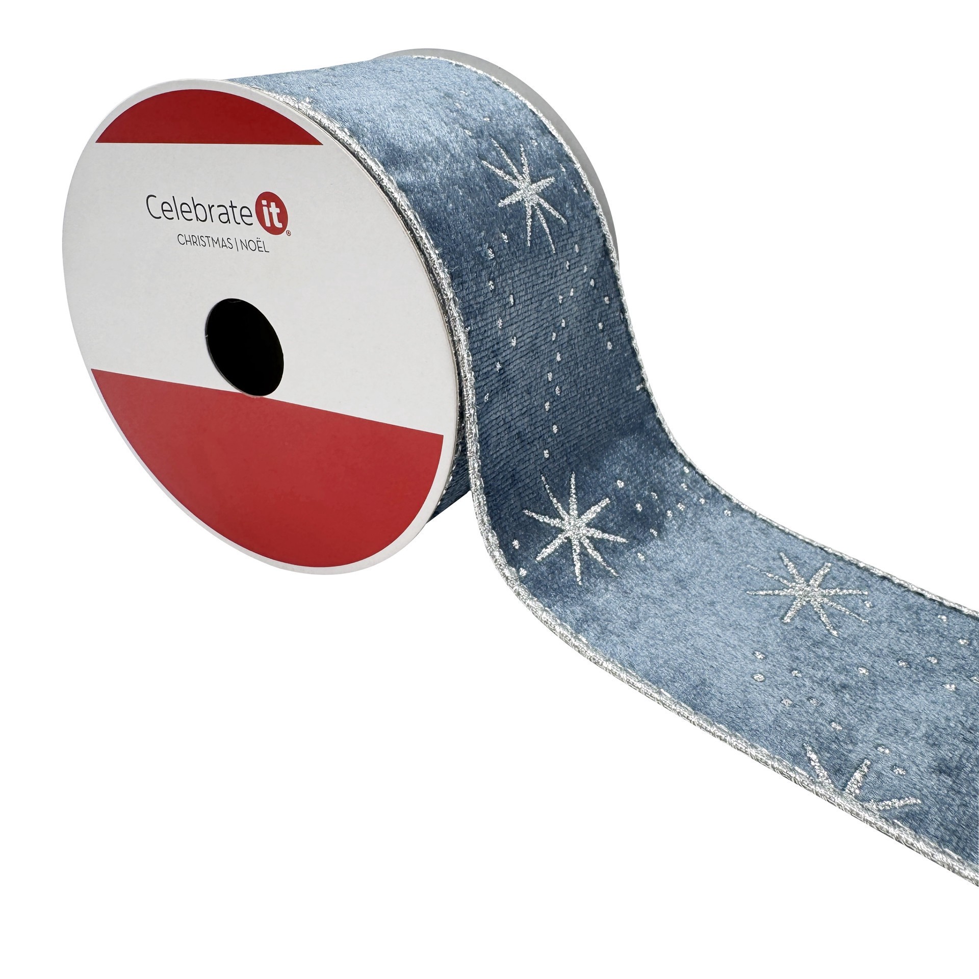 slide 3 of 3, 2.5" X 20ft. Silver Starburst On Blue Wired Velvet Ribbon By Celebrate It, 2.5 in x 20 ft