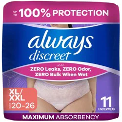 Always Discreet Adult Incontinence Underwear for Women and Postpartum Underwear, XL, Up to 100% Bladder Leak Protection, 11 CT