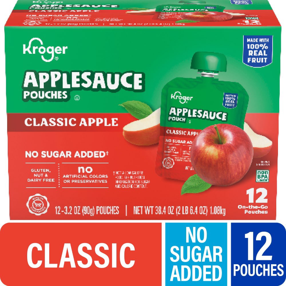 slide 1 of 1, Kroger® No Sugar Added Classic Apple Applesauce Pouches, 12 ct / 3.2 oz, 12 ct