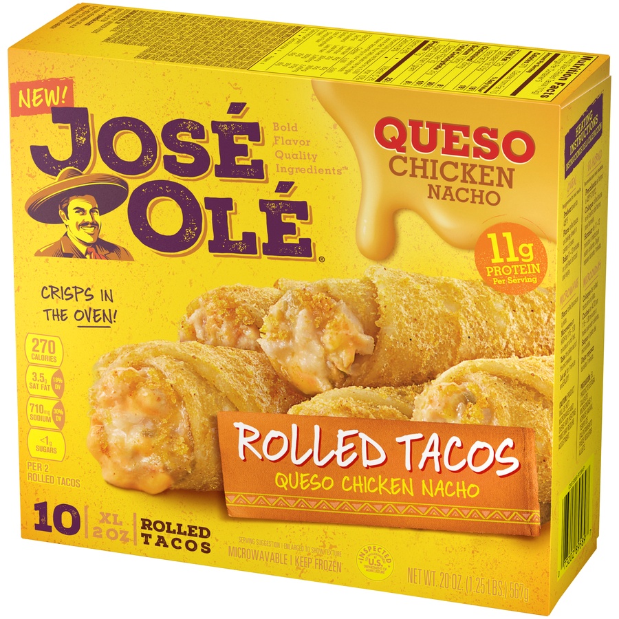 slide 3 of 8, José Olé Queso Chicken Rolled Tacos, 20 oz