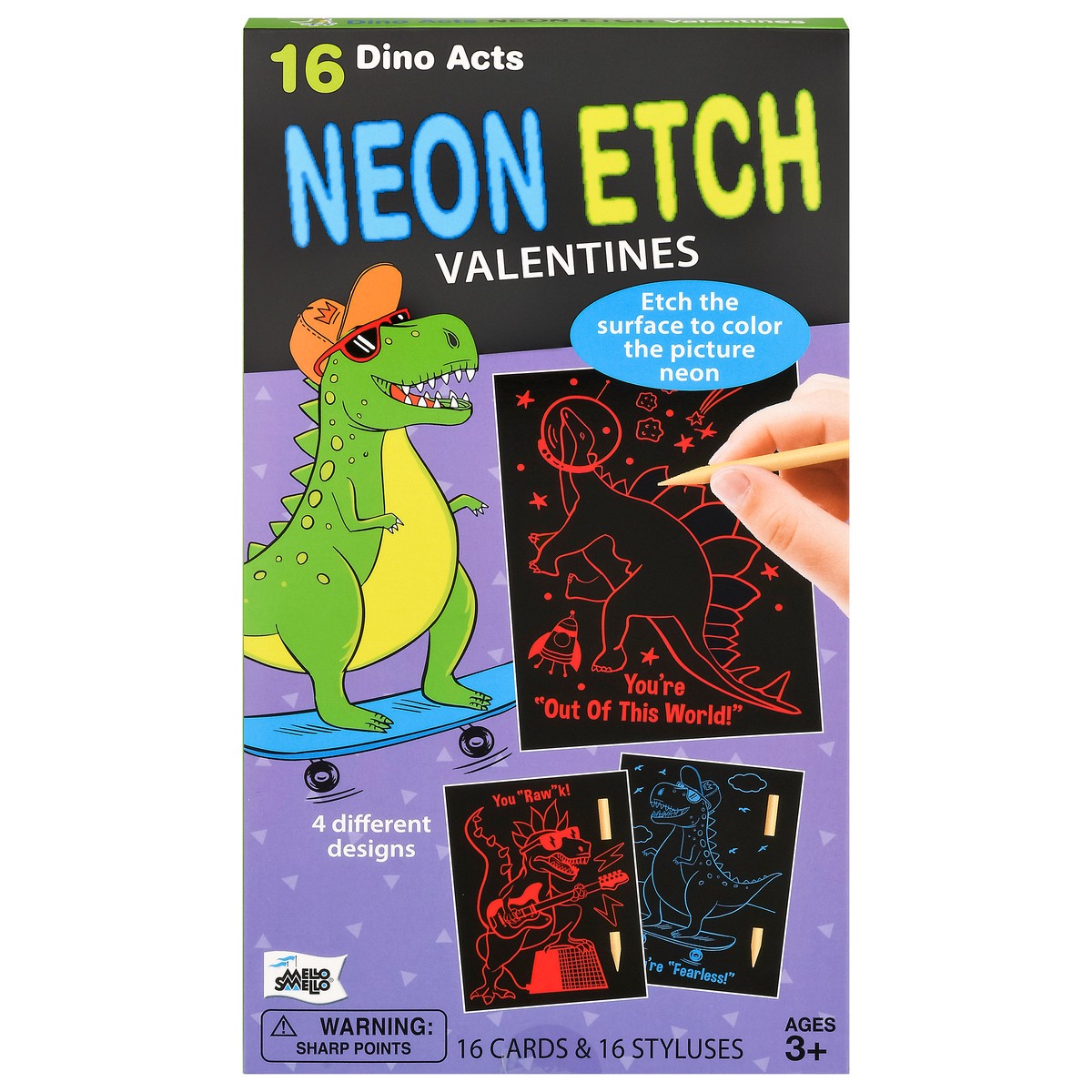 slide 2 of 11, Mello Smello Dinosaur Valentine Neon Etch, 16 ct