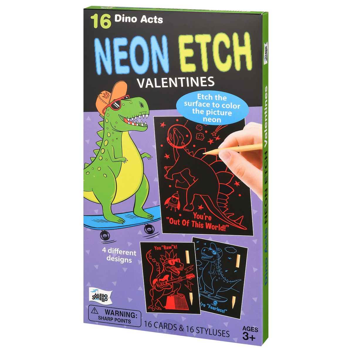 slide 7 of 11, Mello Smello Dinosaur Valentine Neon Etch, 16 ct