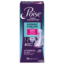 Poise Overnight Ultra Thin Incontinence & Postpartum Pads with Wings for Bladder Leaks, 8 Drop Extra Absorbent, Long Length, 20 Count