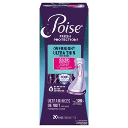 Poise Overnight Ultra Thin Incontinence & Postpartum Pads with Wings for Bladder Leaks, 8 Drop Extra Absorbent, Long Length, 20 Count