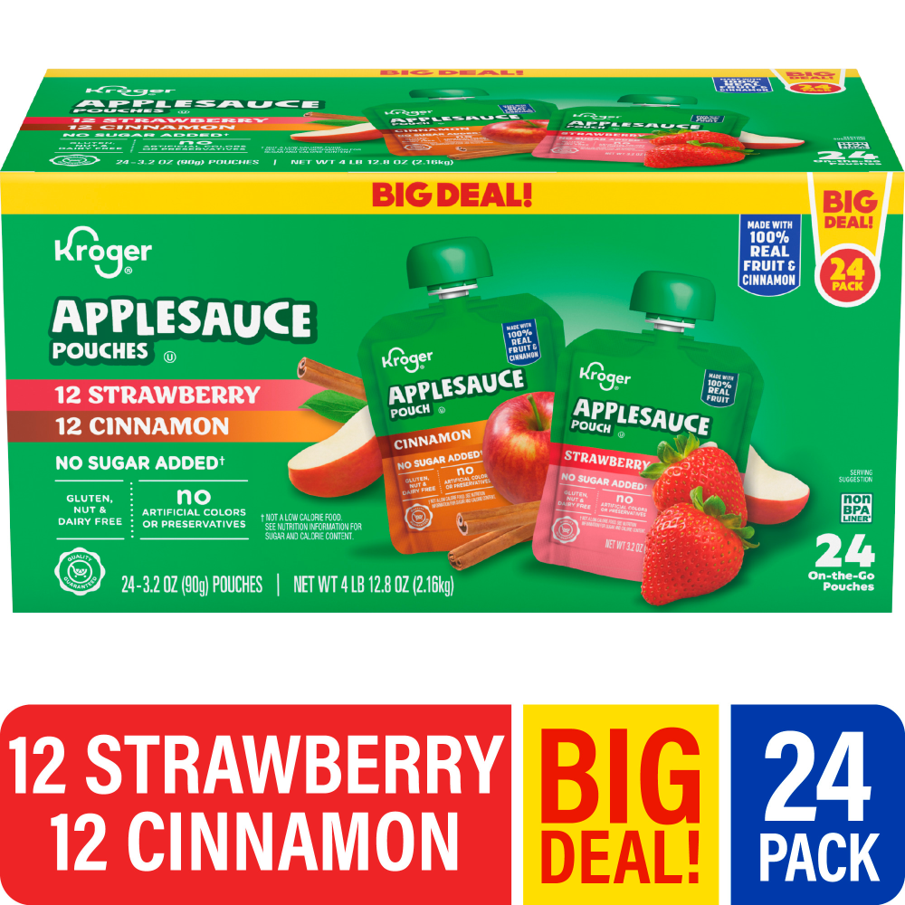 slide 1 of 1, Kroger® No Sugar Added Assorted Strawberry/Cinnamon Applesauce Pouches BIG DEAL!, 24 ct / 3.2 oz, 24 ct