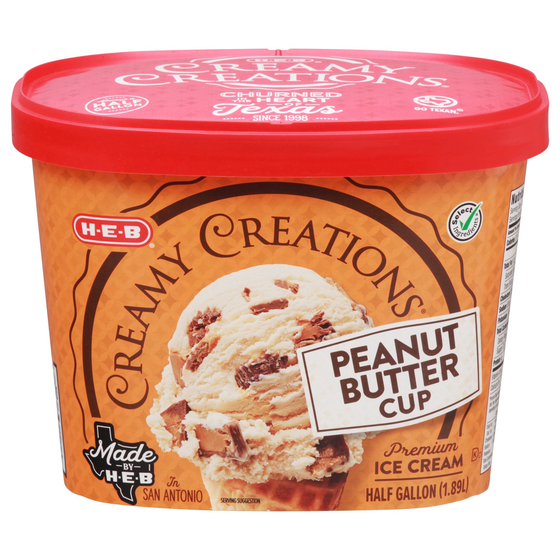 slide 1 of 1, H-E-B Creamy Creations Peanut Butter Cup Ice Cream, 1/2 gal