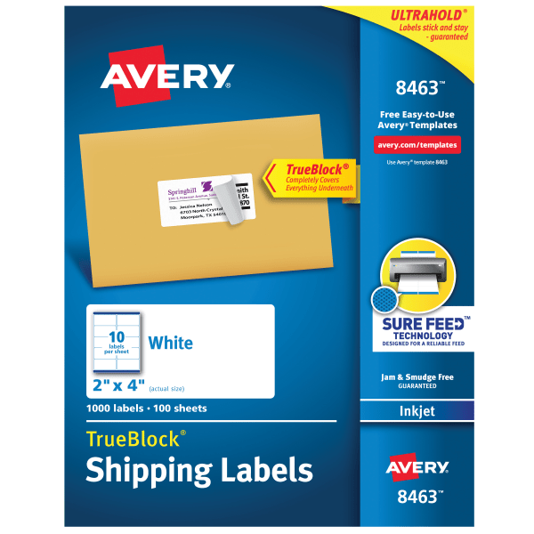 slide 1 of 10, Avery Trueblock Permanent Inkjet Shipping Labels, 8463, White, 1000 ct; 2 in x 4 in