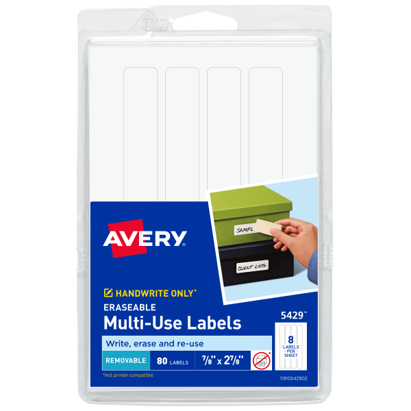 slide 1 of 5, Avery Permanent Erasable Multipurpose Labels, 5429, White, 80 ct; 7/8 in x 2 7/8 in