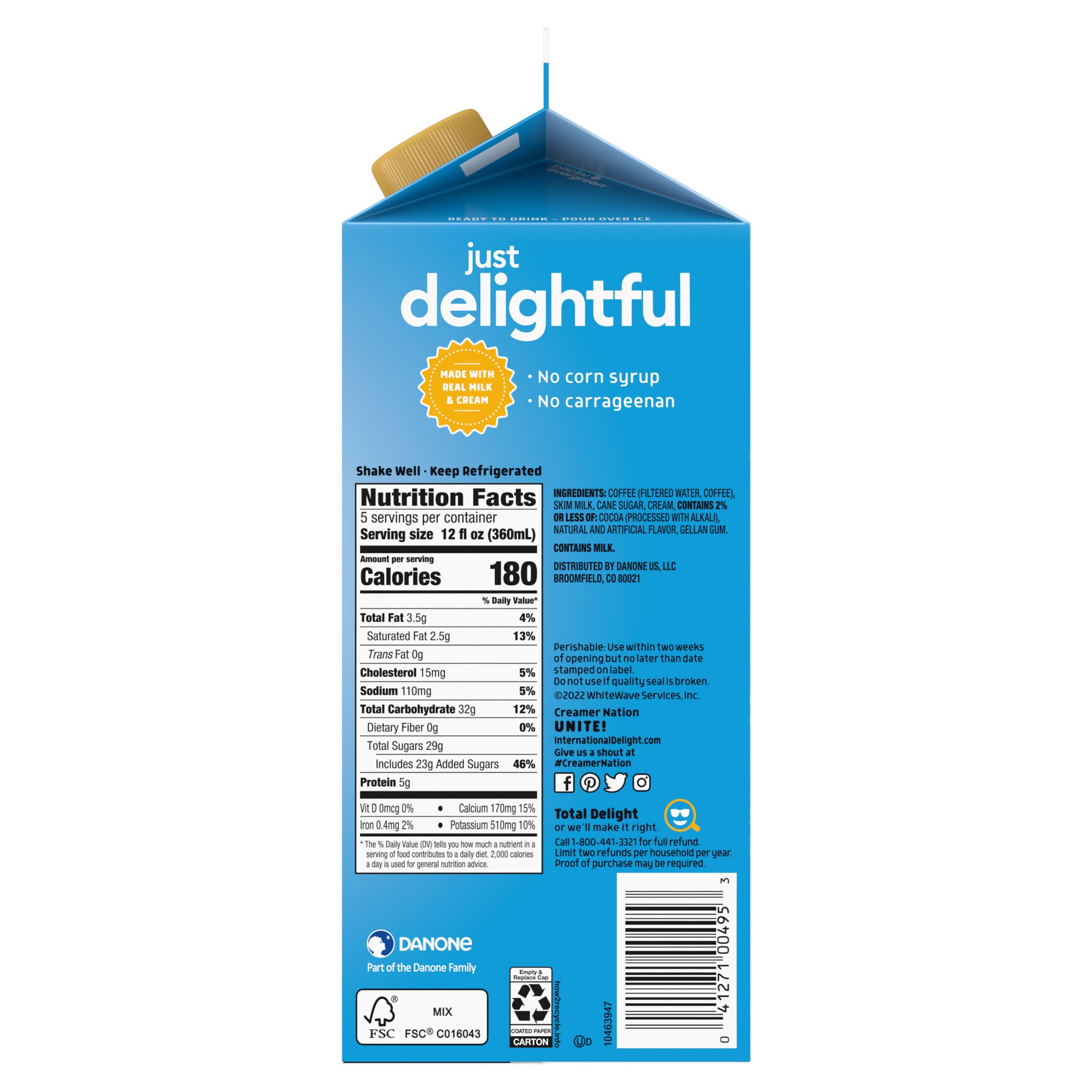 slide 3 of 5, International Delight Iced Coffee, Mocha, Ready to Pour Coffee Drinks Made with Real Milk and Cream, 64 FL OZ Carton, 64 PK