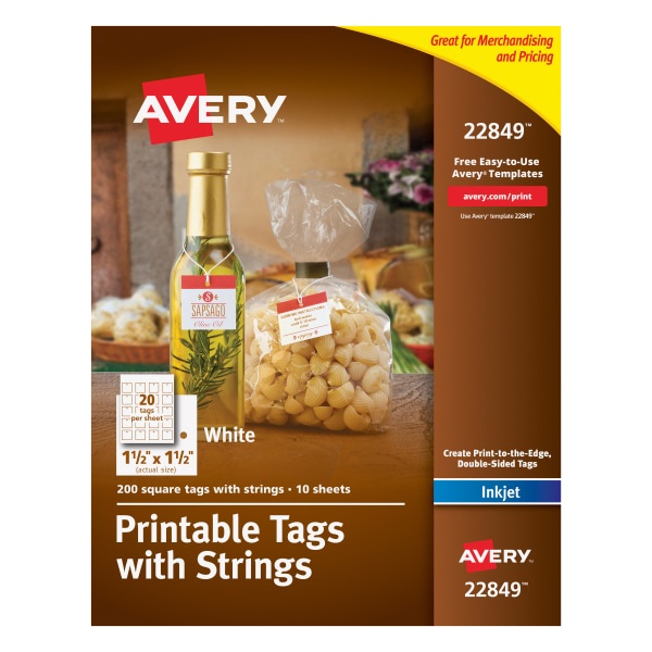 slide 1 of 6, Avery Print-To-The-Edge Tags with Strings, Square, White, 200 ct