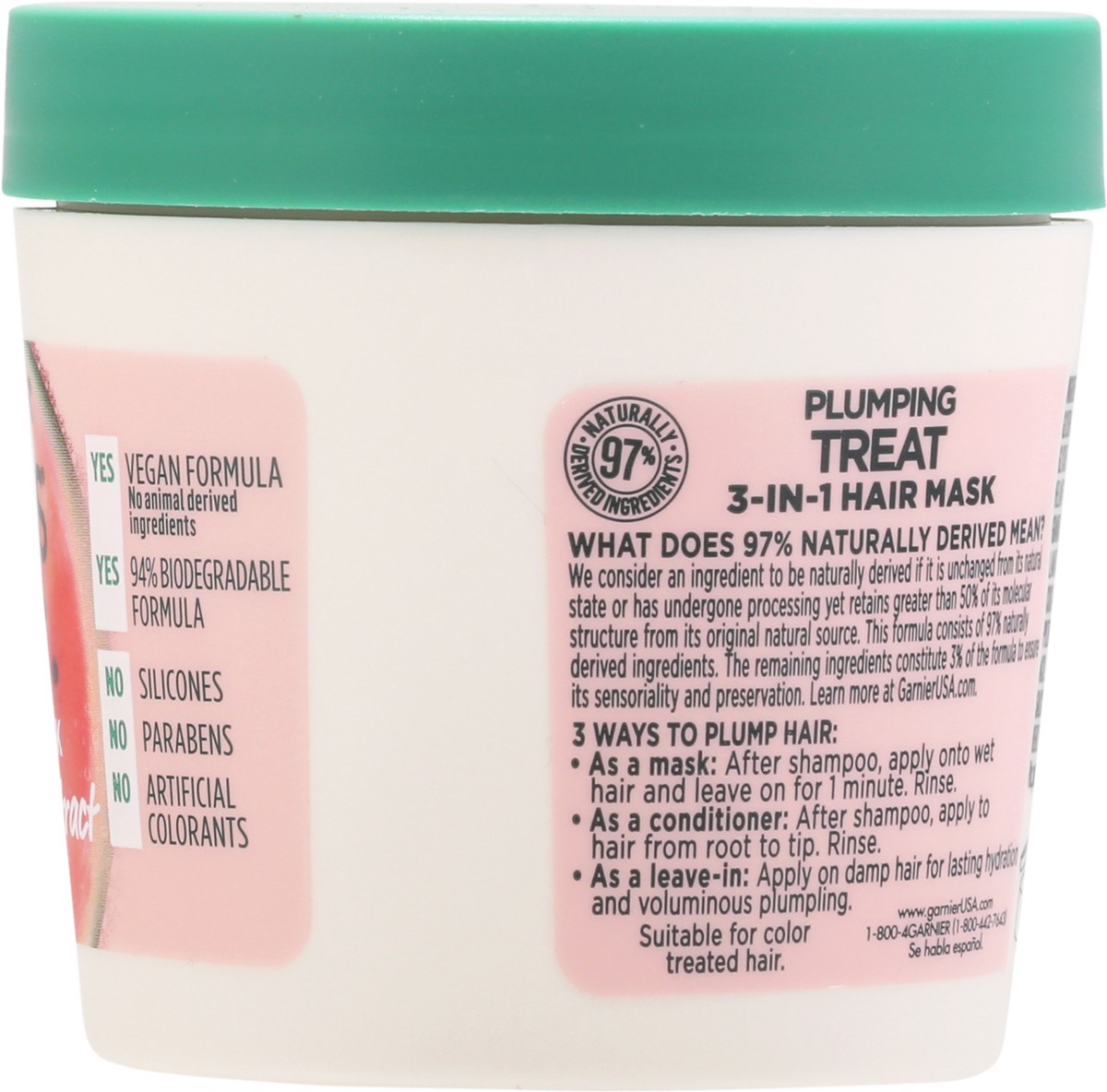 slide 3 of 11, Garnier Plumping Treat 3-in-1 + Watermelon Extract Hair Mask 3.4 fl oz, 3.4 oz