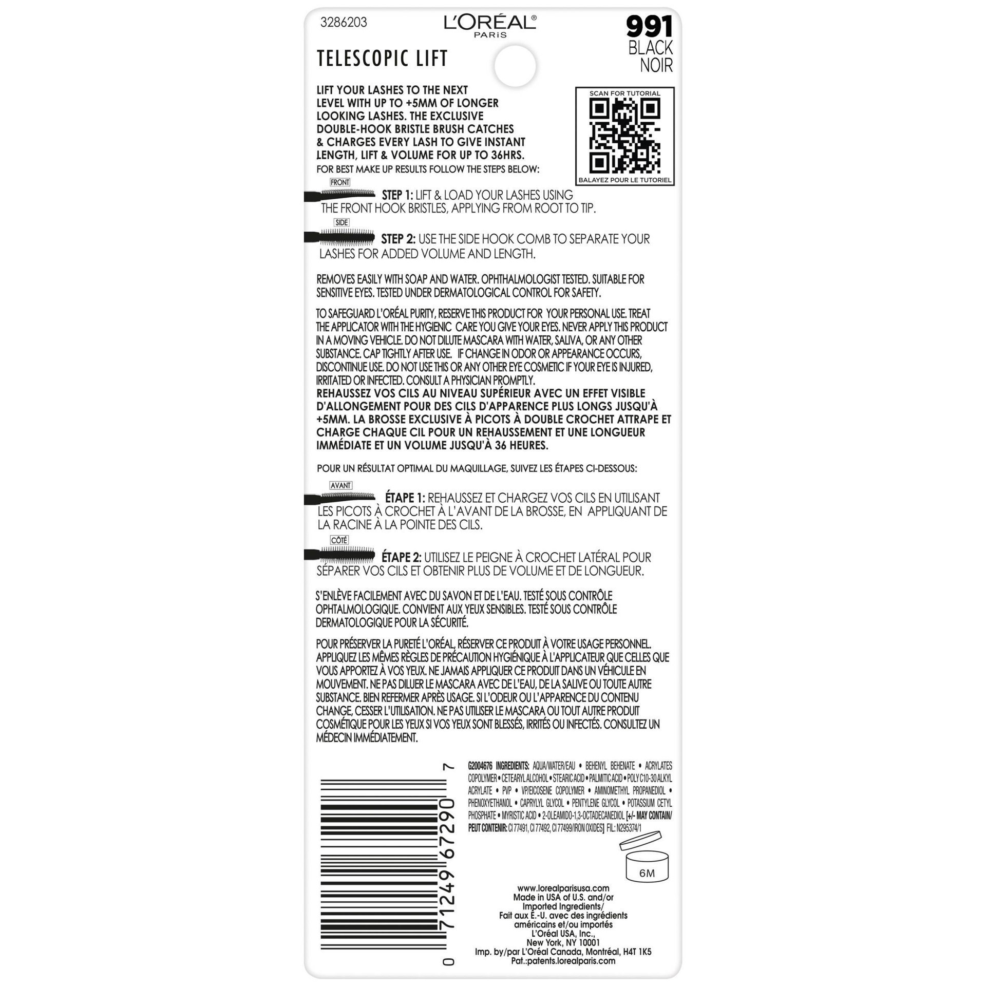 slide 3 of 6, L'Oréal L'Oreal Paris Telescopic Lift Volumizing Mascara 36HR Wear - Black 991 - 0.33 fl oz, 0.33 fl oz