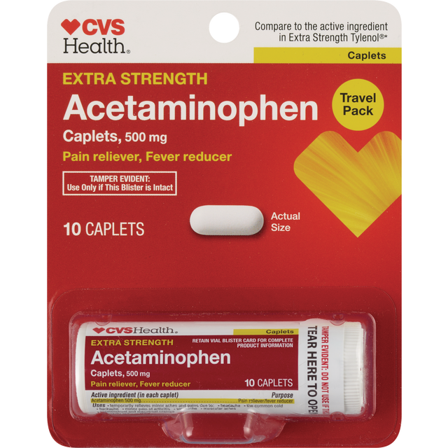 slide 1 of 1, Cvs Health Extra Strength Acetaminophen Pain Reliever & Fever Reducer 500 Mg Caplets, 10 Ct, 10 ct