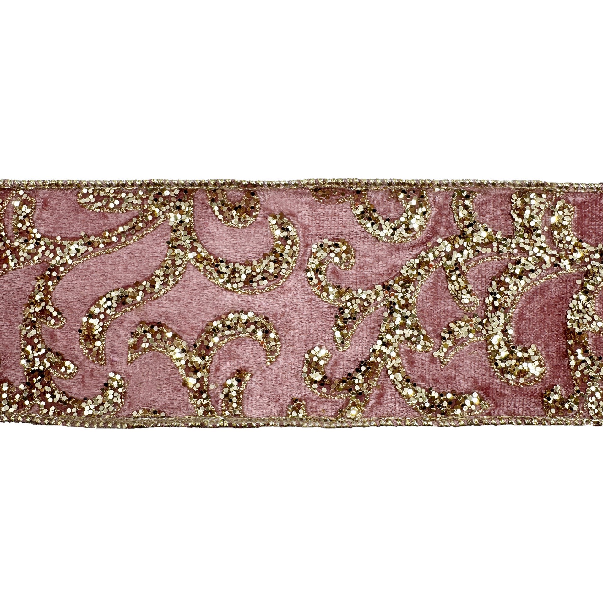 slide 2 of 3, 2.5" X 15ft. Blush & Gold Glitter Scroll Wired Velvet Ribbon By Celebrate It, 2.5 in x 15 ft