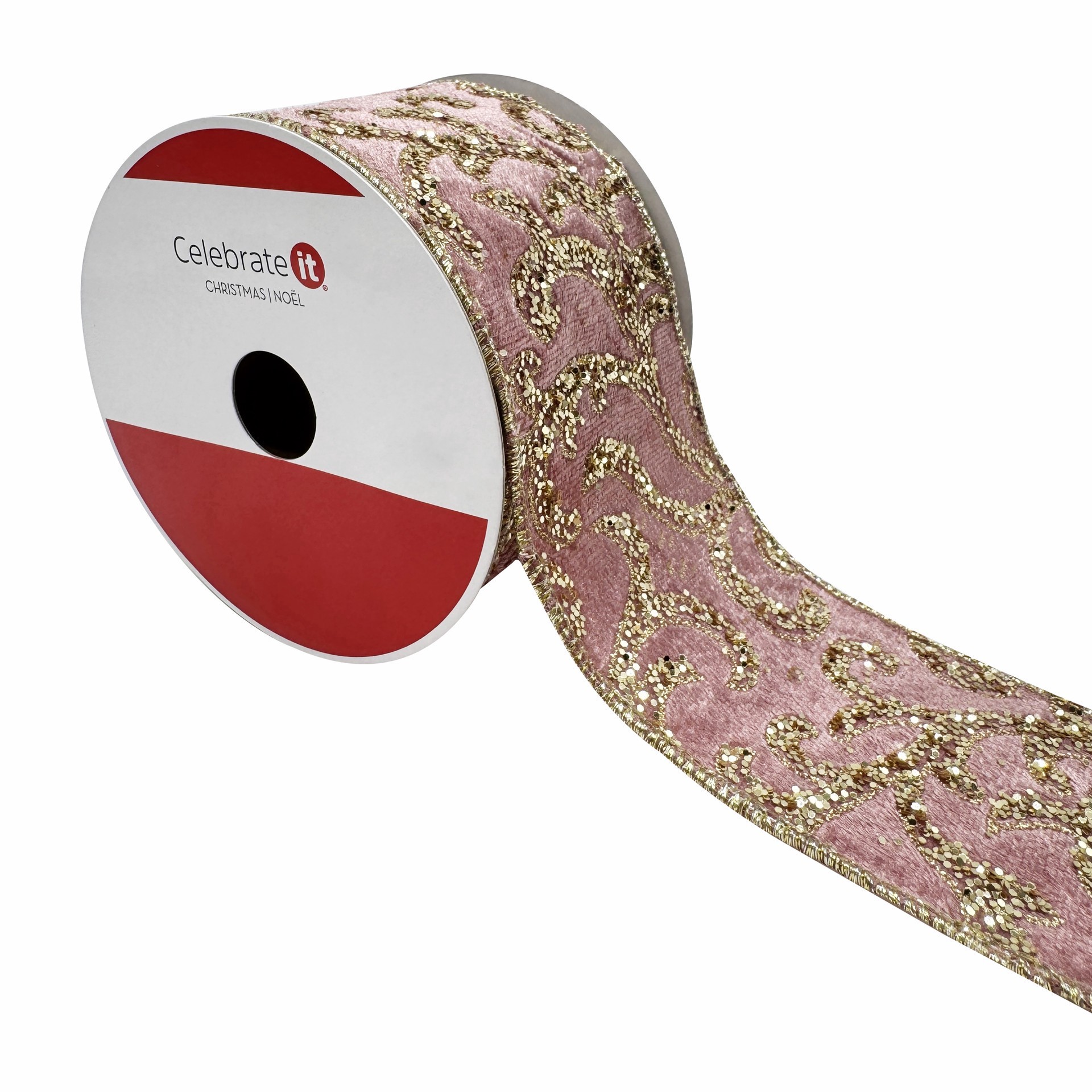 slide 3 of 3, 2.5" X 15ft. Blush & Gold Glitter Scroll Wired Velvet Ribbon By Celebrate It, 2.5 in x 15 ft